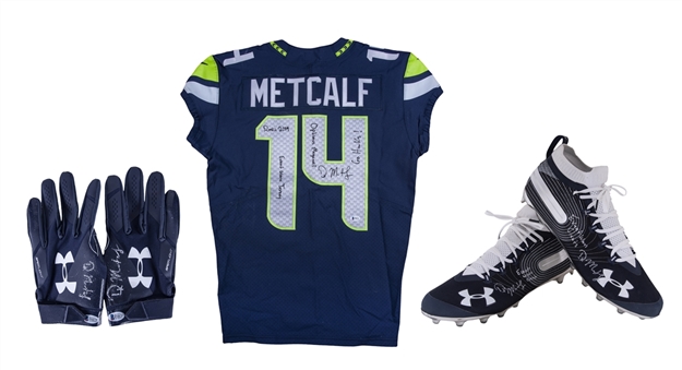2019 DK Metcalf Rookie Event Worn and Signed Seattle Seahawks Jersey, Cleats and Gloves (Beckett, Fanatics)